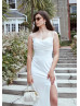 Ivory Satin Cowl Back High Slit Simple Wedding Dress